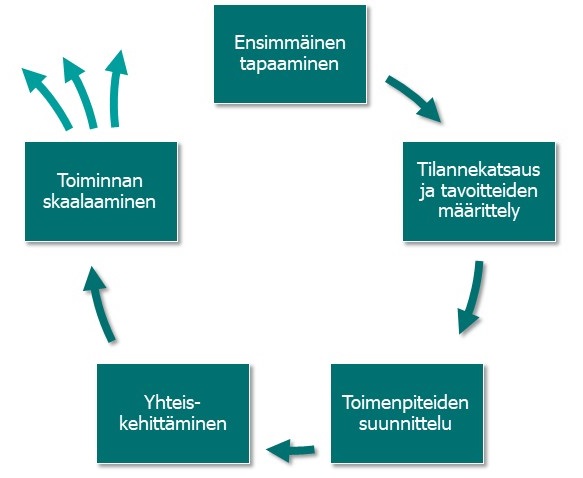 Kuva 1: Erilaisia kehittäjäryhmien toimintamalleja on useita. Toiminta voi edetä esimerkiksi oheisen kuvan mukaiesti.